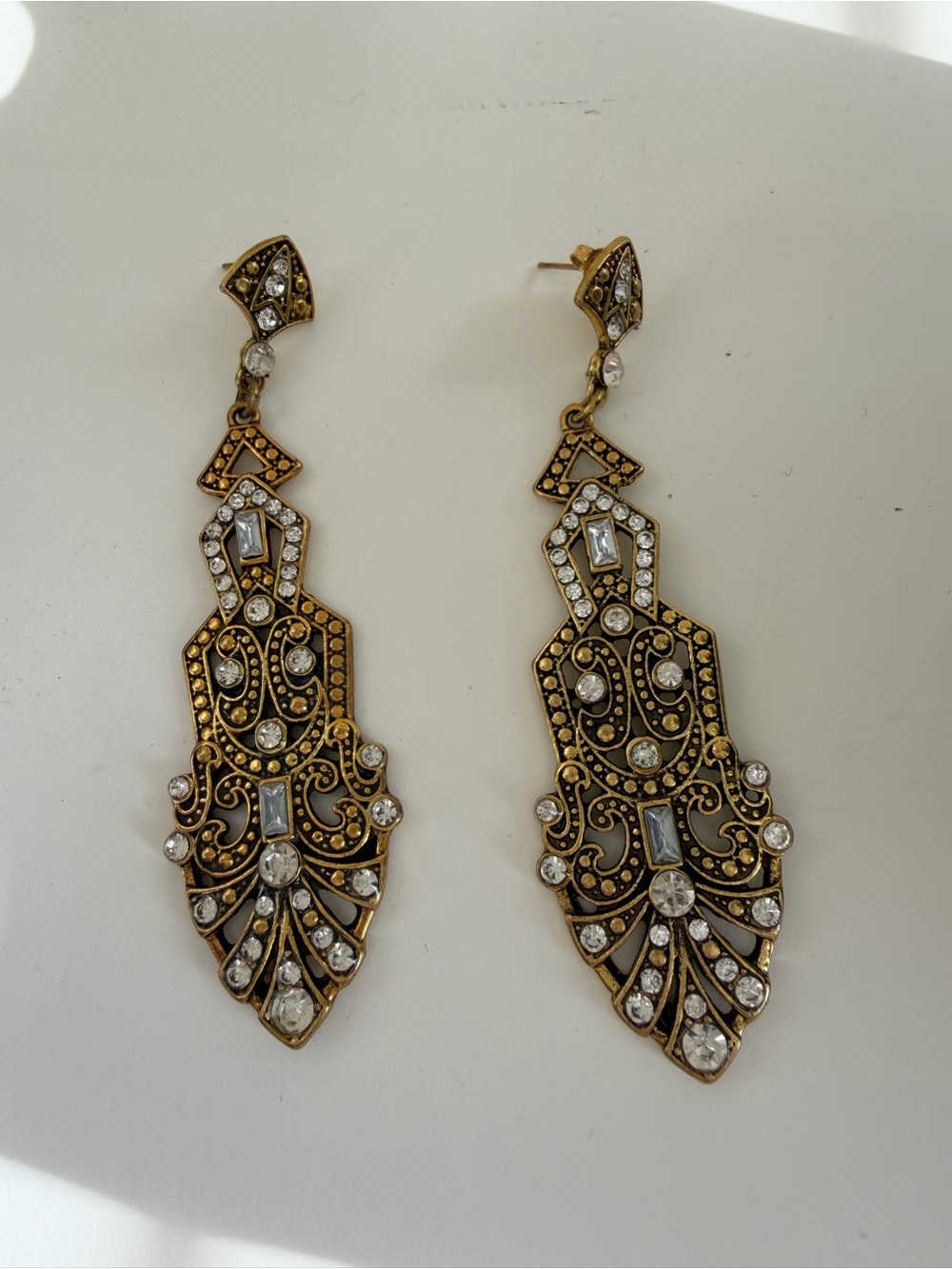 Vintage-Inspired Gold Filigree Crystal Drop Earrings - Unbranded
